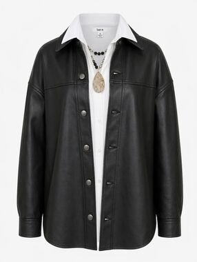 Black Faux Leather Shacket Oversized Button Front Minimalist Streetwear Classic